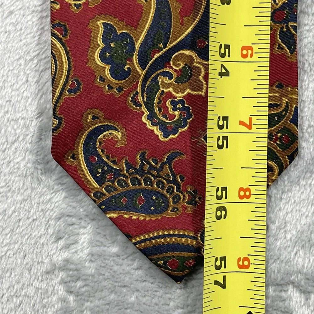 Paul Stuart Mens Silk Paisley Tie Red Gold Navy Blue Hand Sewn Made in USA